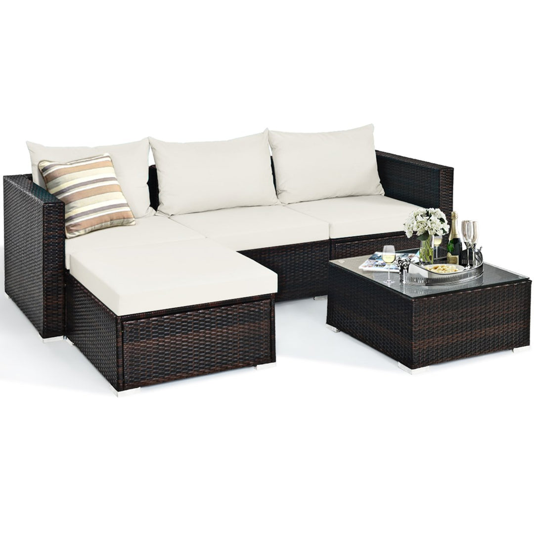 Gymax 5PCS Cushioned Rattan Patio Conversation Set w/ Ottoman Off White Cushion Image 5