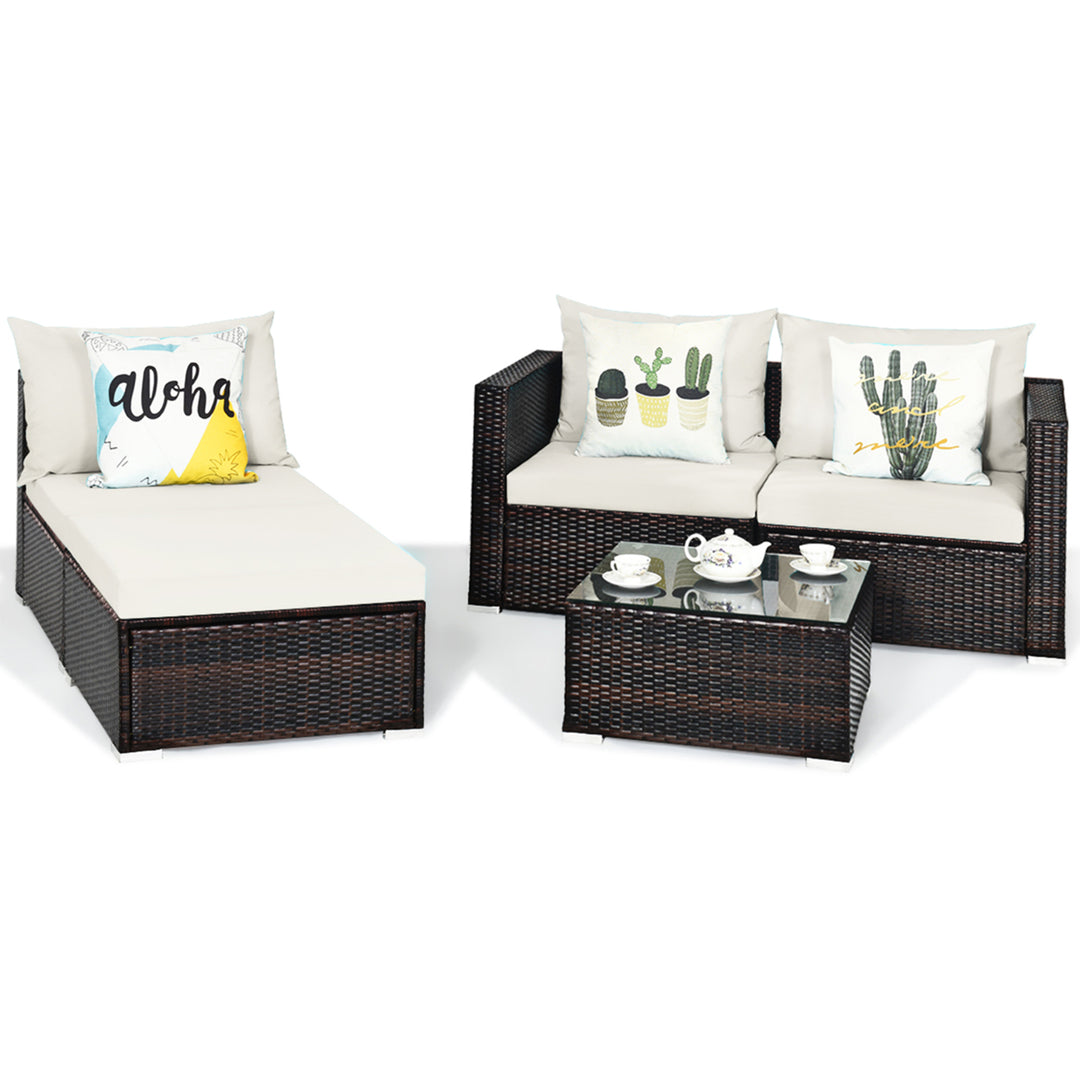 Gymax 5PCS Cushioned Rattan Patio Conversation Set w/ Ottoman Off White Cushion Image 6