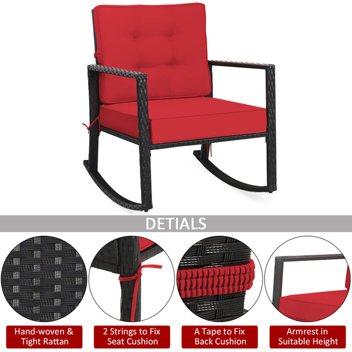 2PCS Patio Rattan Rocker Chair Outdoor Glider Wicker Rocking Chair Cushion Red Image 6