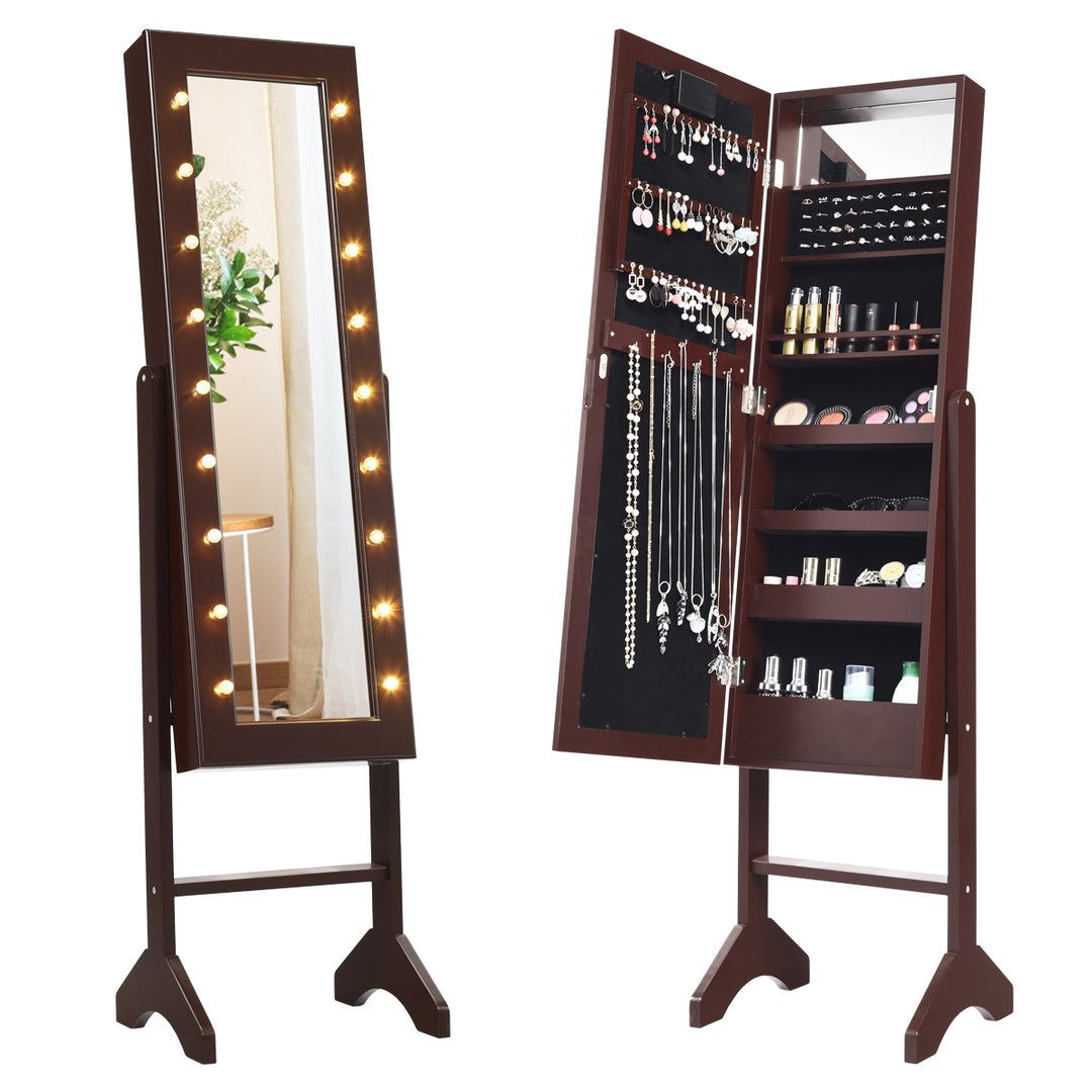 Mirrored Jewelry Cabinet Organizer 18 LED lights Brown Image 1