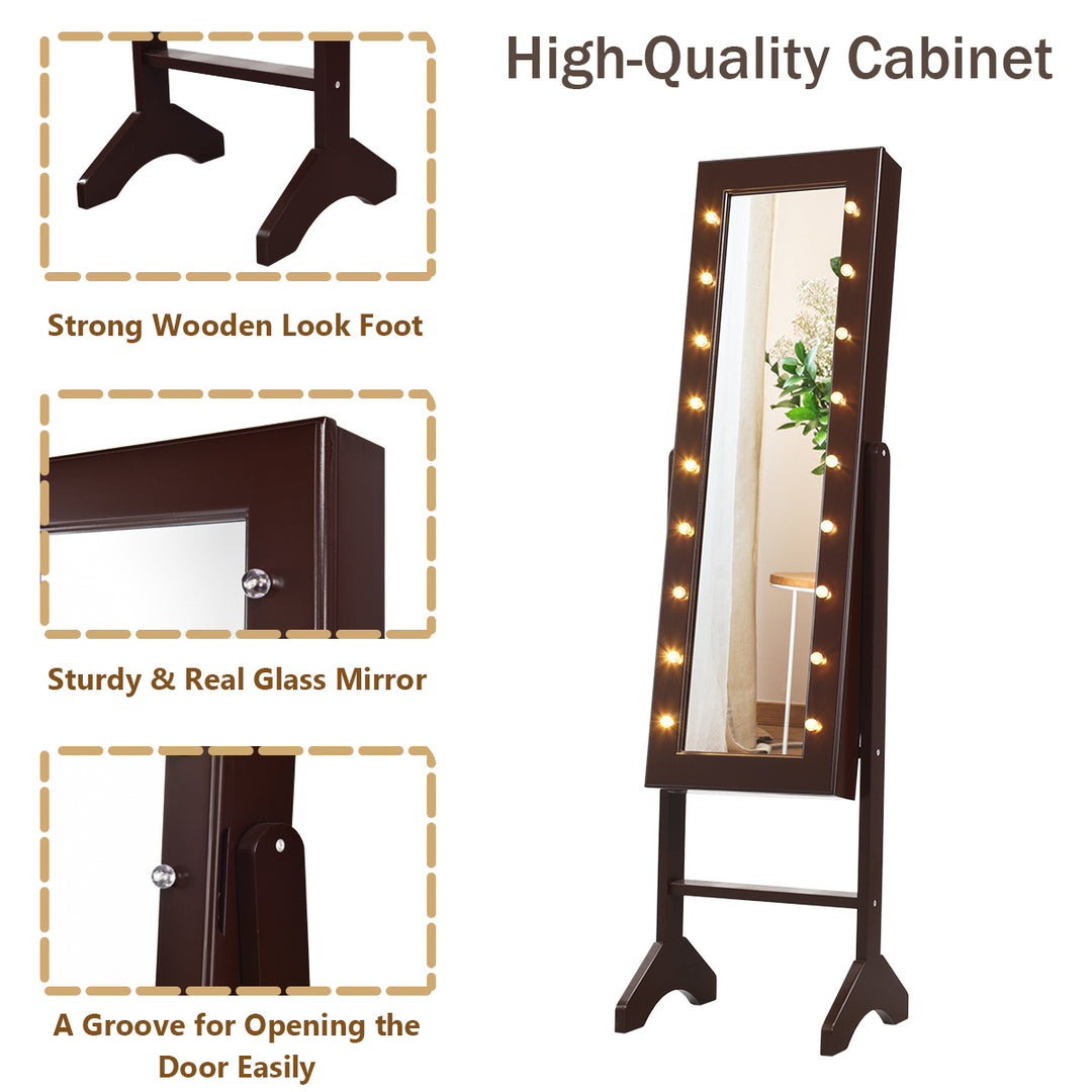 Mirrored Jewelry Cabinet Organizer 18 LED lights Brown Image 9