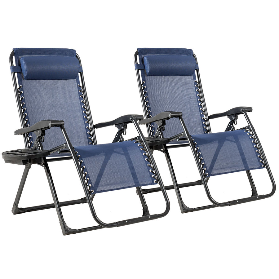 2PC Zero Gravity Chair Oversize Lounge Patio Heavy Duty Folding Recliner Blue Image 1