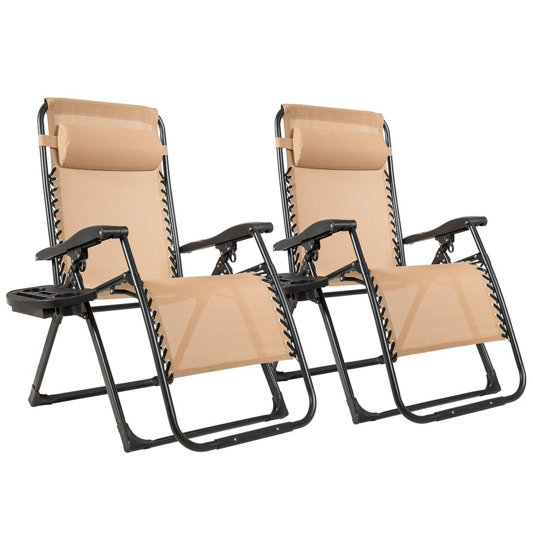 2PC Zero Gravity Chair Oversize Lounge Patio Heavy Duty Folding Recliner Beige Image 1