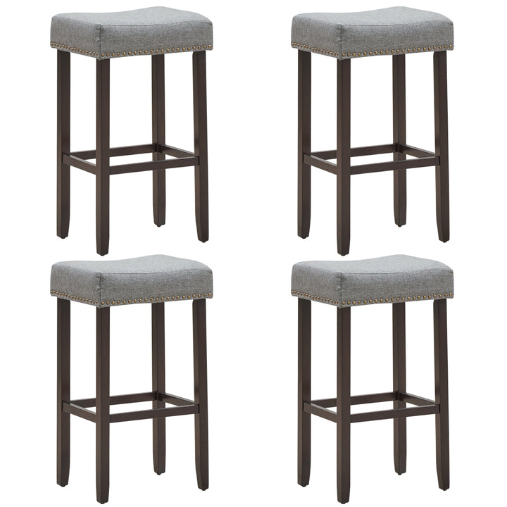 Set of 4 Nailhead Saddle Bar Stools 29 Height w/ Fabric Seat and Wood Legs Gray Image 1