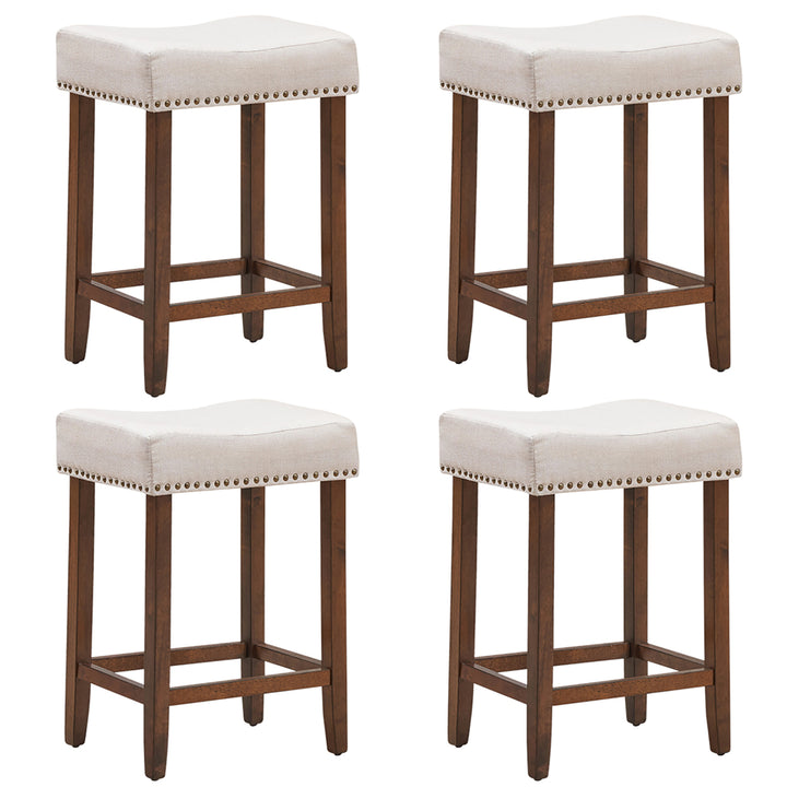 Set of 4 Nailhead Saddle Bar Stools 24 Height w/ Fabric Seat and Wood Legs Beige Image 1