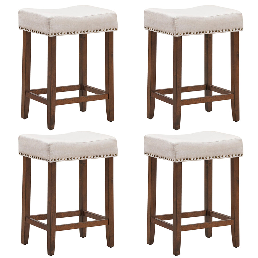 Set of 4 Nailhead Saddle Bar Stools 24 Height w/ Fabric Seat and Wood Legs Beige Image 1