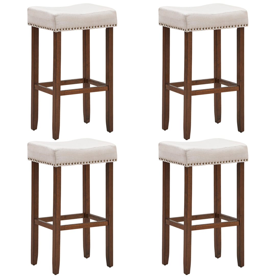 Set of 4 Nailhead Saddle Bar Stools 29 Height w/ Fabric Seat andWood Legs Beige Image 1