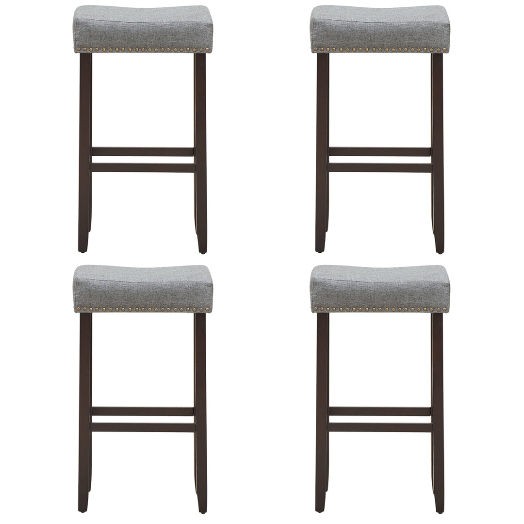 Set of 4 Nailhead Saddle Bar Stools 29 Height w/ Fabric Seat and Wood Legs Gray Image 8