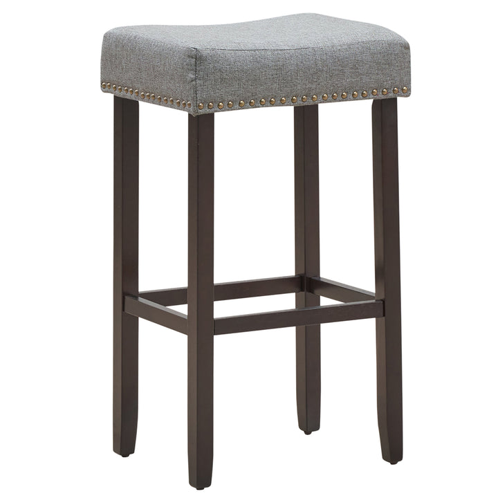 Set of 4 Nailhead Saddle Bar Stools 29 Height w/ Fabric Seat and Wood Legs Gray Image 9