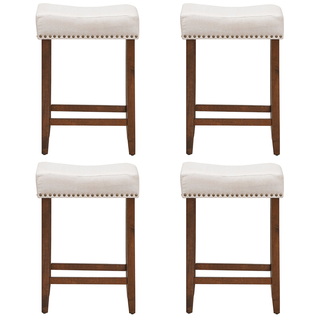 Set of 4 Nailhead Saddle Bar Stools 24 Height w/ Fabric Seat and Wood Legs Beige Image 8