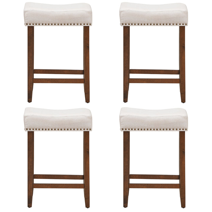 Set of 4 Nailhead Saddle Bar Stools 24 Height w/ Fabric Seat and Wood Legs Beige Image 8