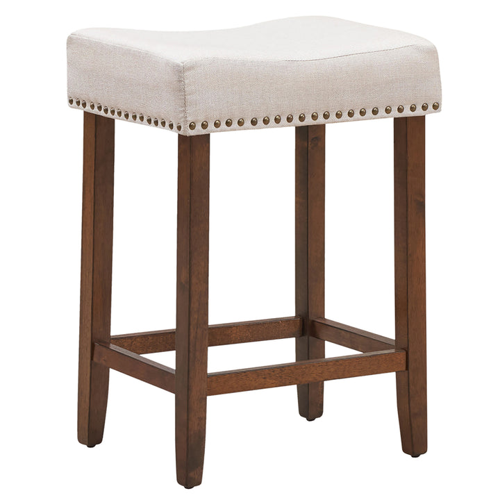 Set of 4 Nailhead Saddle Bar Stools 24 Height w/ Fabric Seat and Wood Legs Beige Image 9