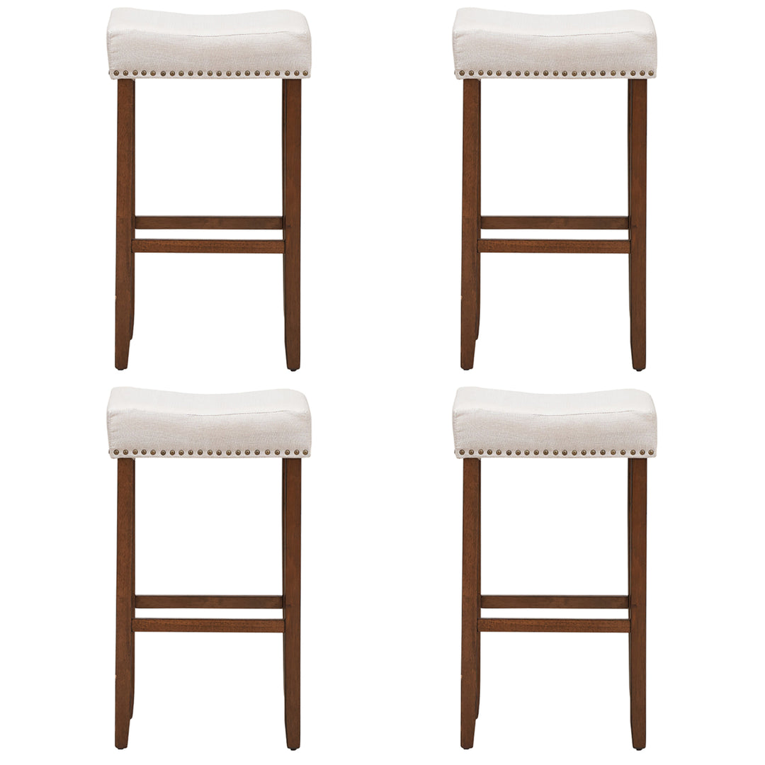 Set of 4 Nailhead Saddle Bar Stools 29 Height w/ Fabric Seat andWood Legs Beige Image 8