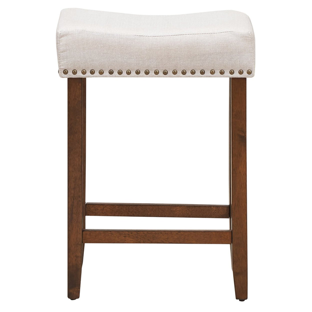 Set of 4 Nailhead Saddle Bar Stools 24 Height w/ Fabric Seat and Wood Legs Beige Image 10