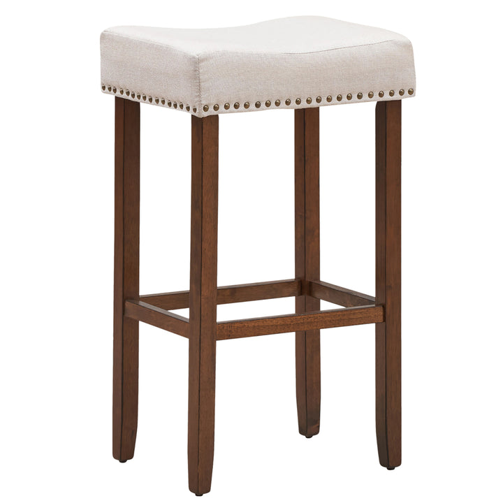 Set of 4 Nailhead Saddle Bar Stools 29 Height w/ Fabric Seat andWood Legs Beige Image 9