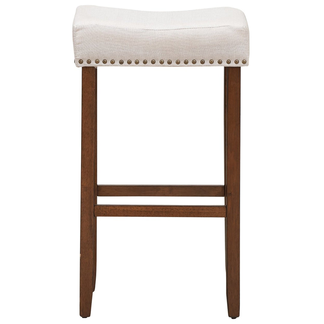 Set of 4 Nailhead Saddle Bar Stools 29 Height w/ Fabric Seat andWood Legs Beige Image 10