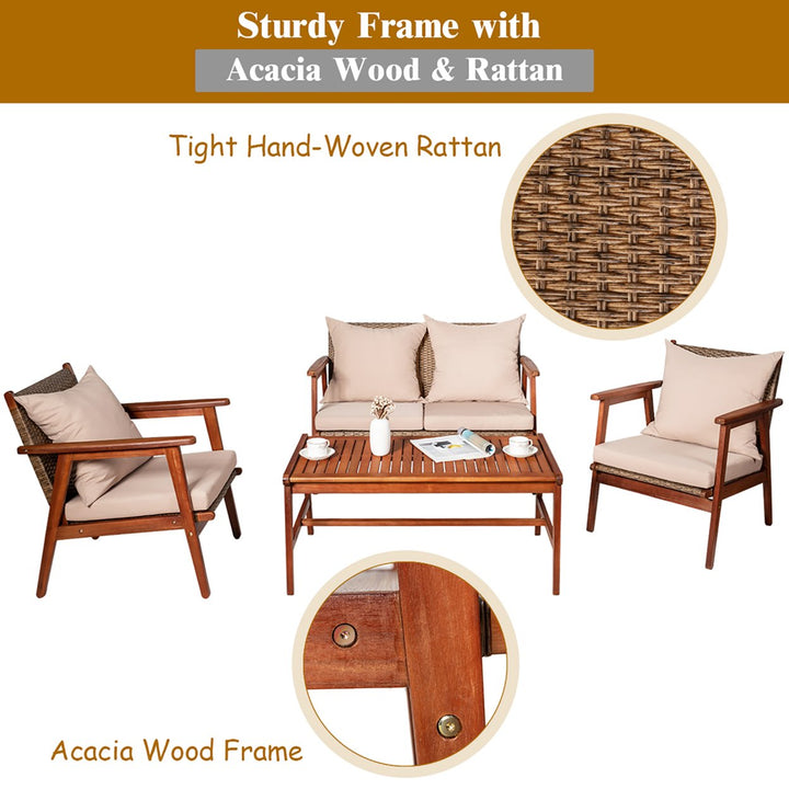 Costway 8PCS Patio Rattan Furniture Set Acacia Wood Frame Cushioned Sofa Chair Garden Image 6