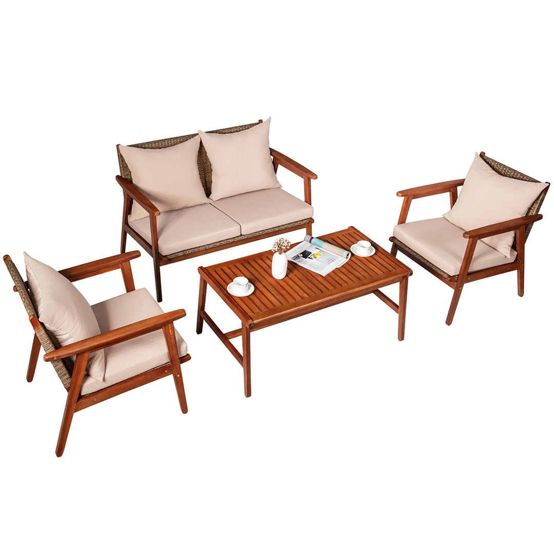 Costway 8PCS Patio Rattan Furniture Set Acacia Wood Frame Cushioned Sofa Chair Garden Image 9