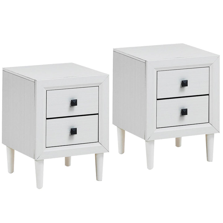 2 PCs Nightstand End Table Wooden Leg With Storage Drawers White Image 1