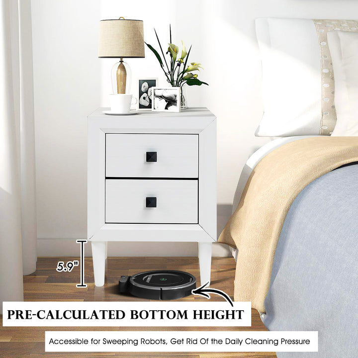 2 PCs Nightstand End Table Wooden Leg With Storage Drawers White Image 7