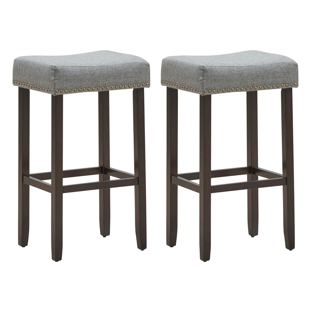 Set of 2 Nailhead Saddle Bar Stools 29" Height w/ Fabric Seat and Wood Legs Gray Image 1