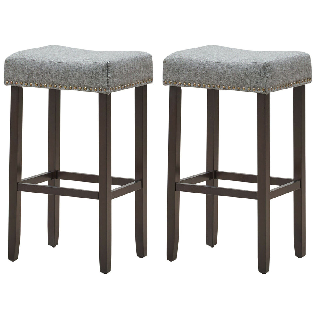 Set of 2 Nailhead Saddle Bar Stools 29" Height w/ Fabric Seat and Wood Legs Gray Image 8