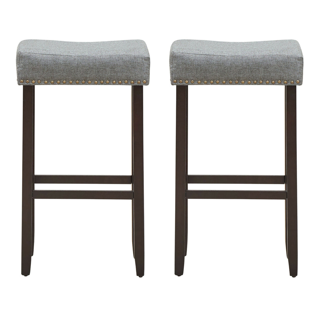 Set of 2 Nailhead Saddle Bar Stools 29" Height w/ Fabric Seat and Wood Legs Gray Image 9