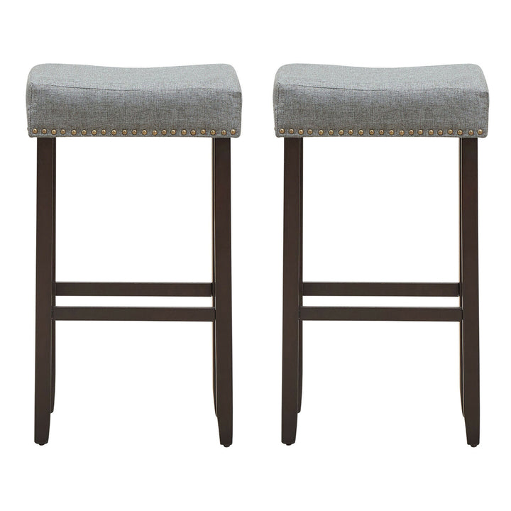 Set of 2 Nailhead Saddle Bar Stools 29" Height w/ Fabric Seat and Wood Legs Gray Image 9