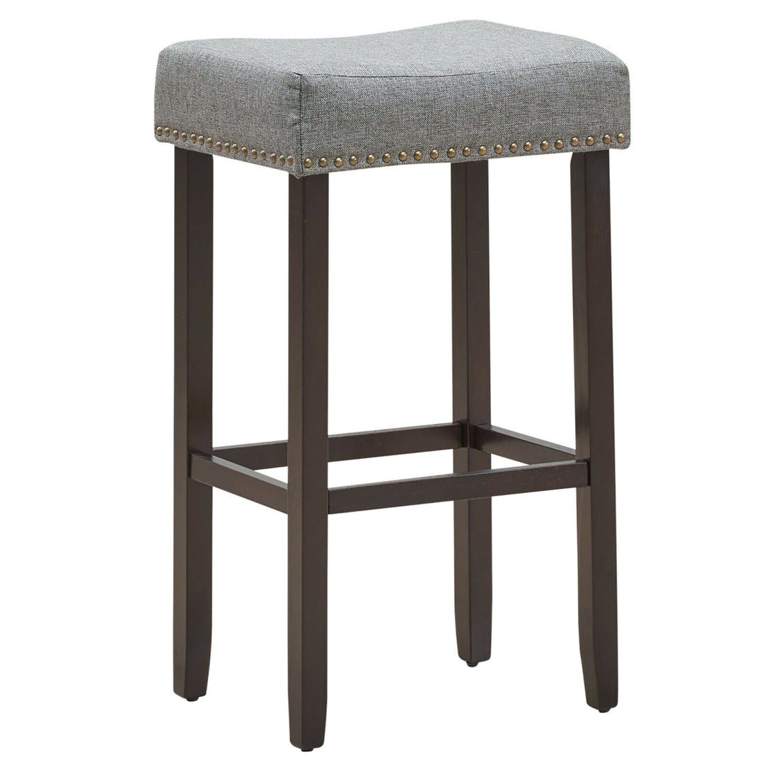 Set of 2 Nailhead Saddle Bar Stools 29" Height w/ Fabric Seat and Wood Legs Gray Image 10