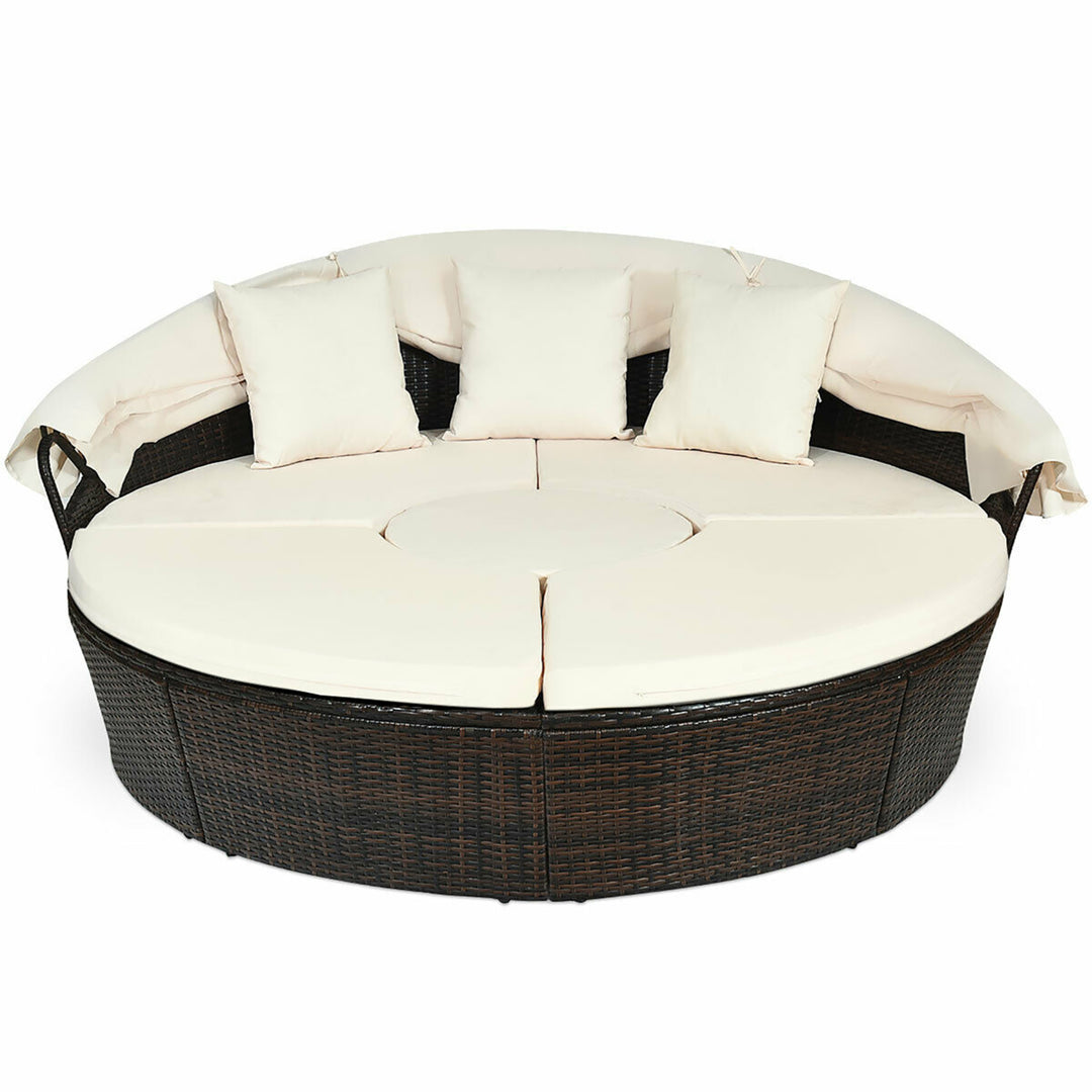 Patio Rattan Daybed Cushioned Sofa Adjustable Table Top Canopy W/3 Pillows Image 9