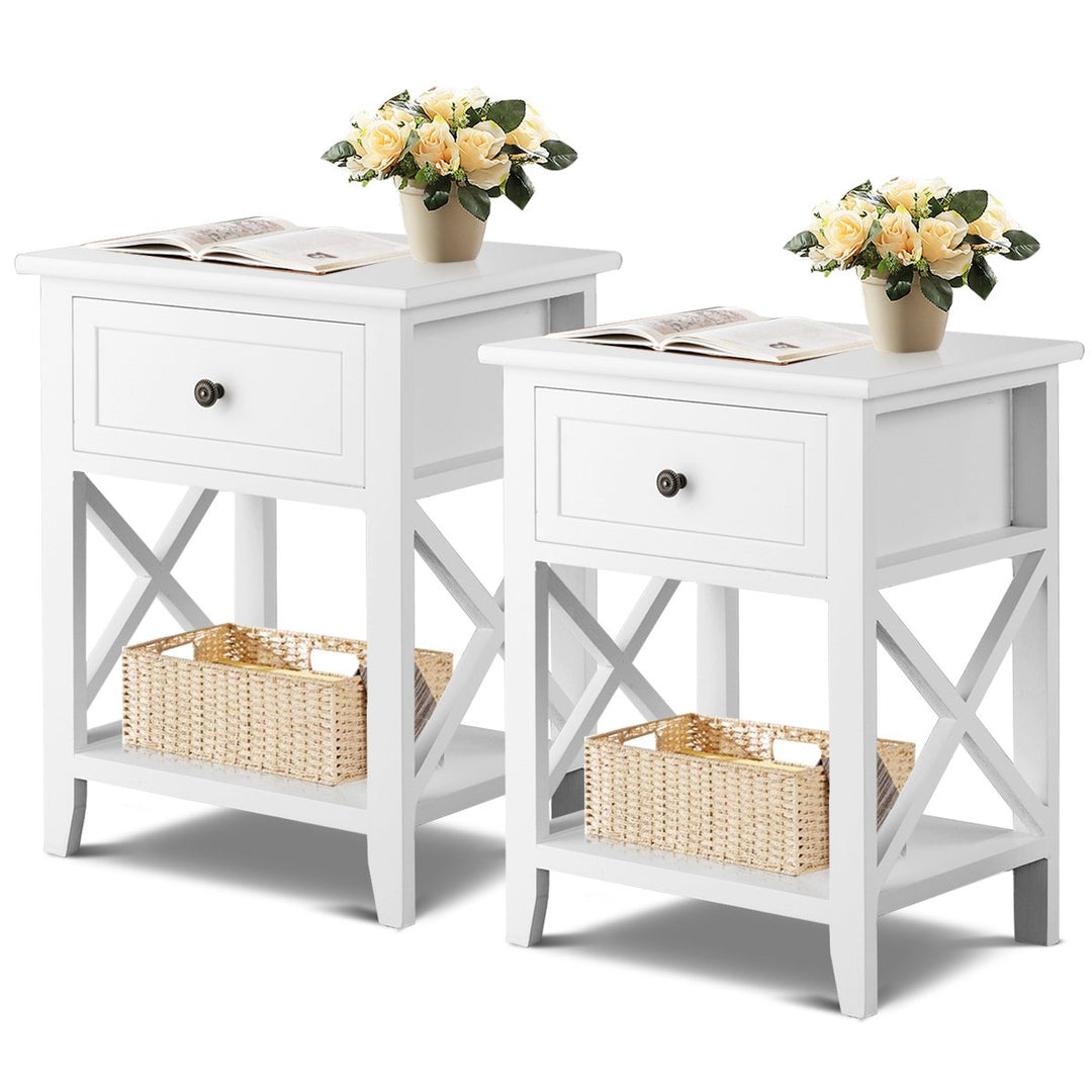 2PCS Nightstand Chair Side End Table with Drawer and Shelf Bedroom Furniture White Image 1