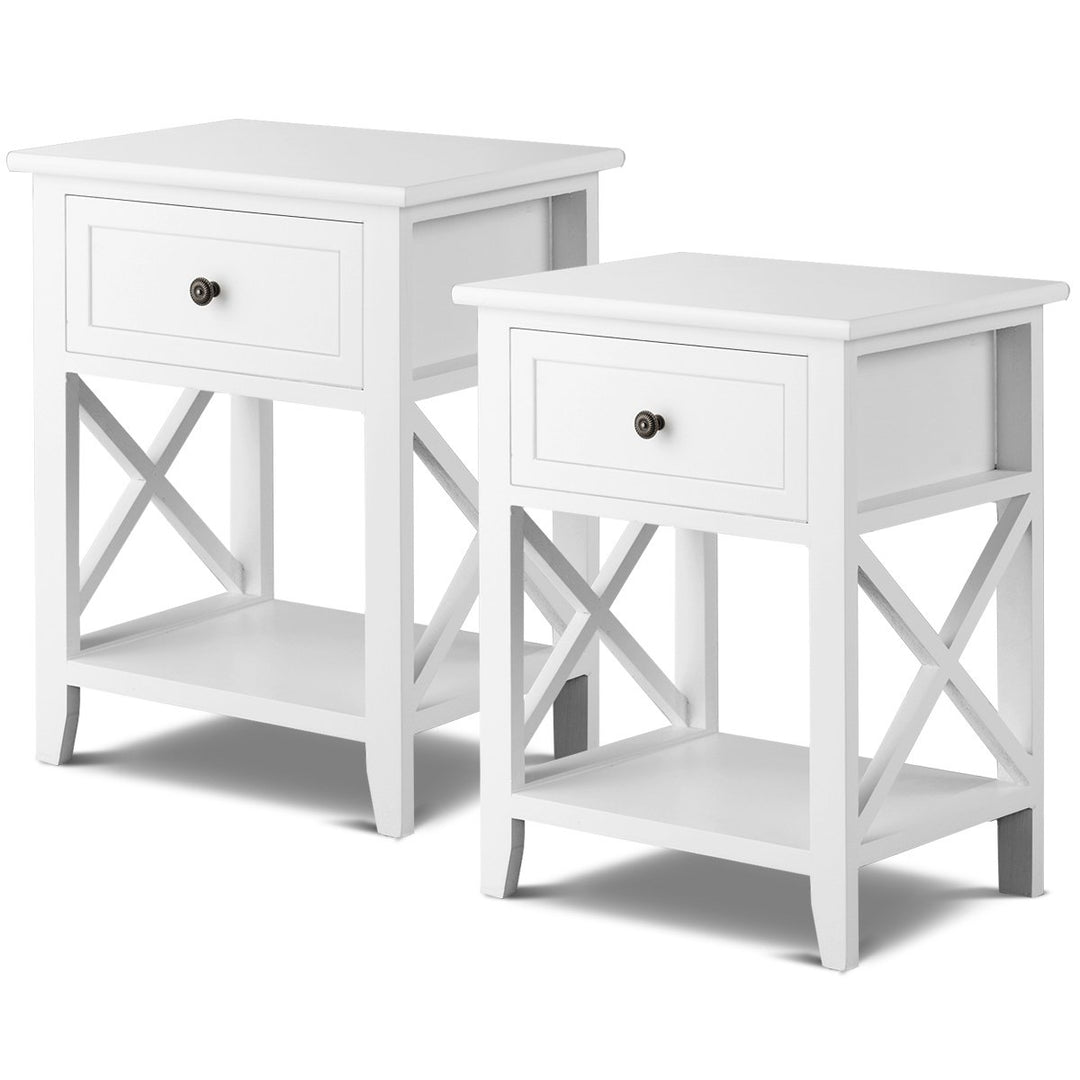 2PCS Nightstand Chair Side End Table with Drawer and Shelf Bedroom Furniture White Image 10