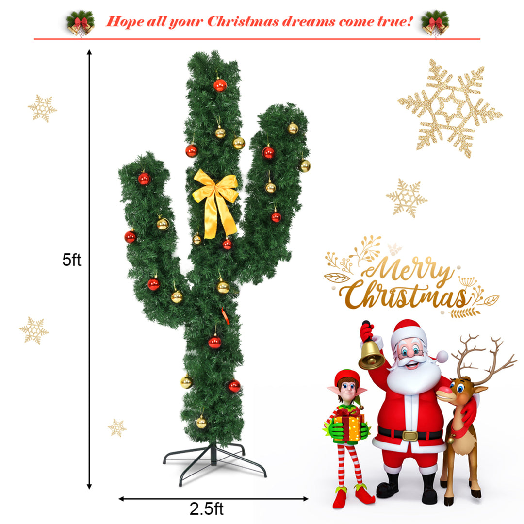 5ft Artificial Pre-Lit Cactus Christmas Tree w/ Metal Stand Ball Ornaments Image 2