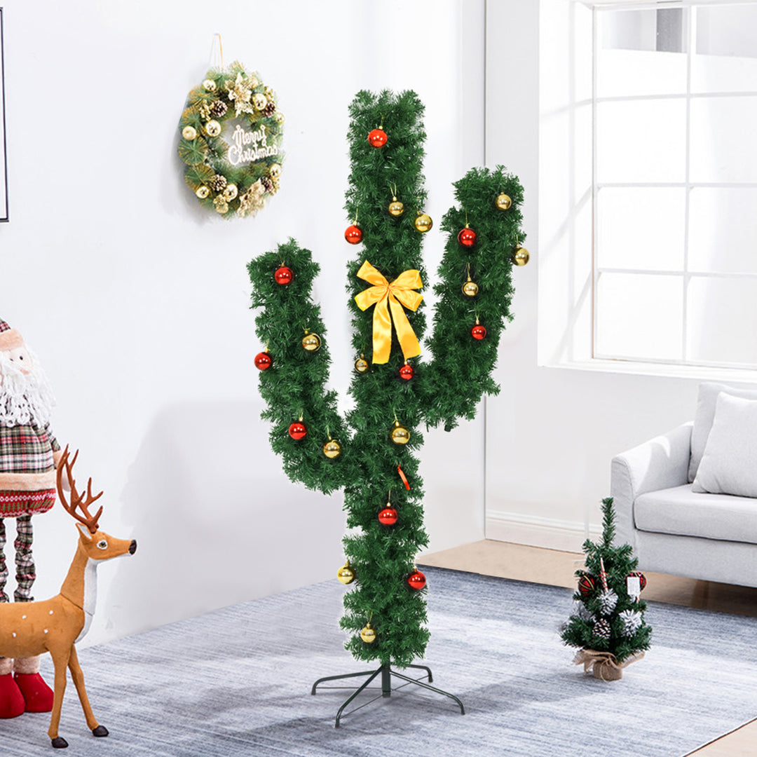 5ft Artificial Pre-Lit Cactus Christmas Tree w/ Metal Stand Ball Ornaments Image 3