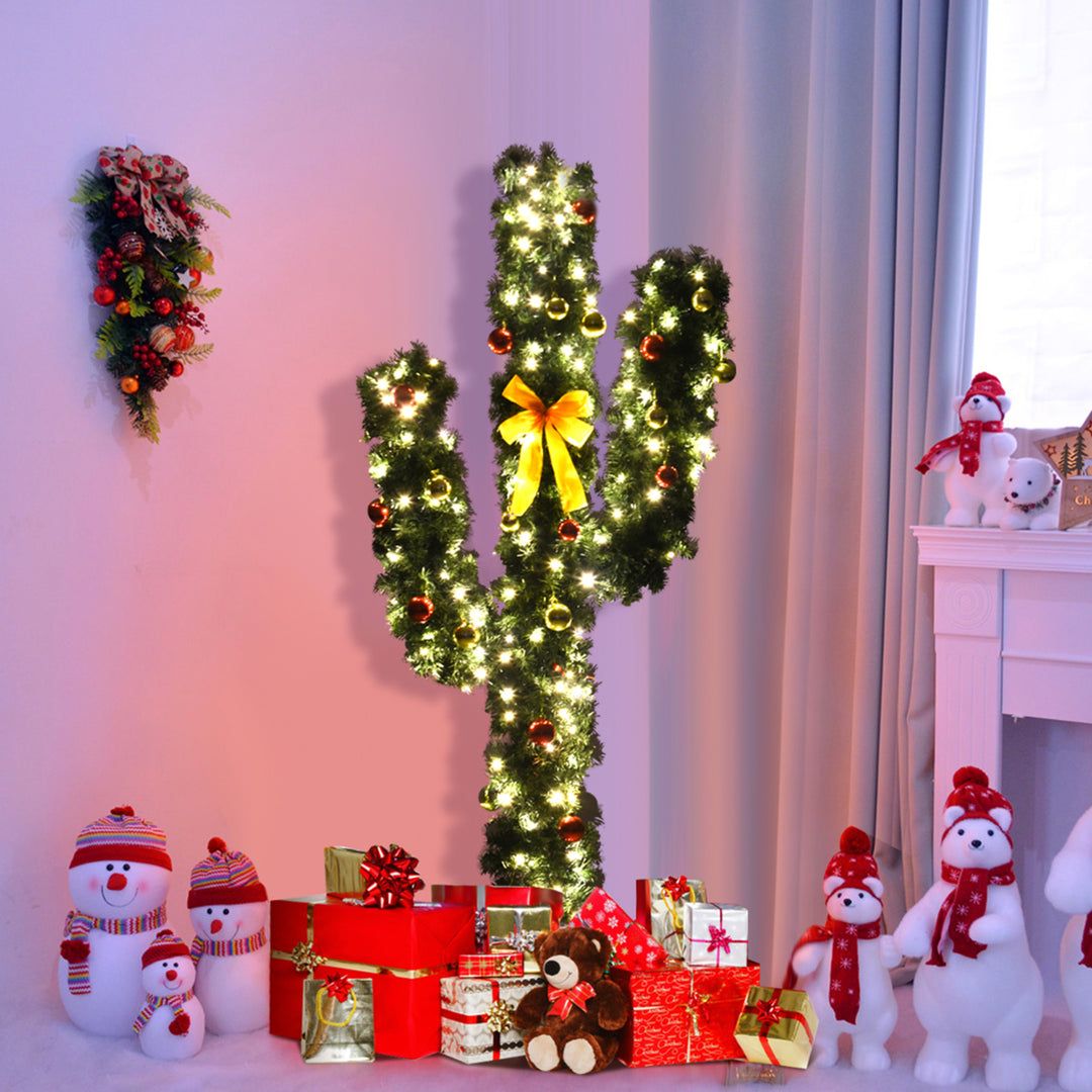 5ft Artificial Pre-Lit Cactus Christmas Tree w/ Metal Stand Ball Ornaments Image 6