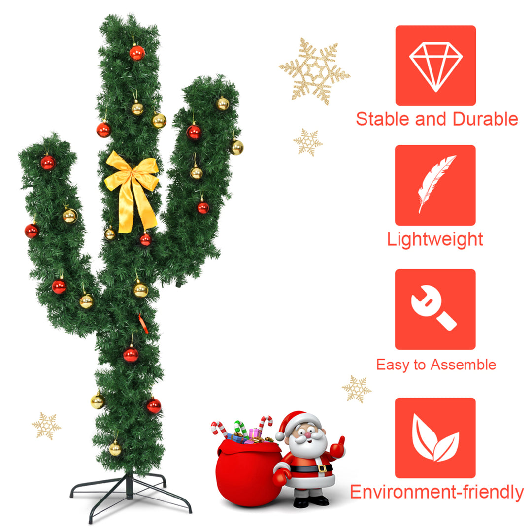 5ft Artificial Pre-Lit Cactus Christmas Tree w/ Metal Stand Ball Ornaments Image 7