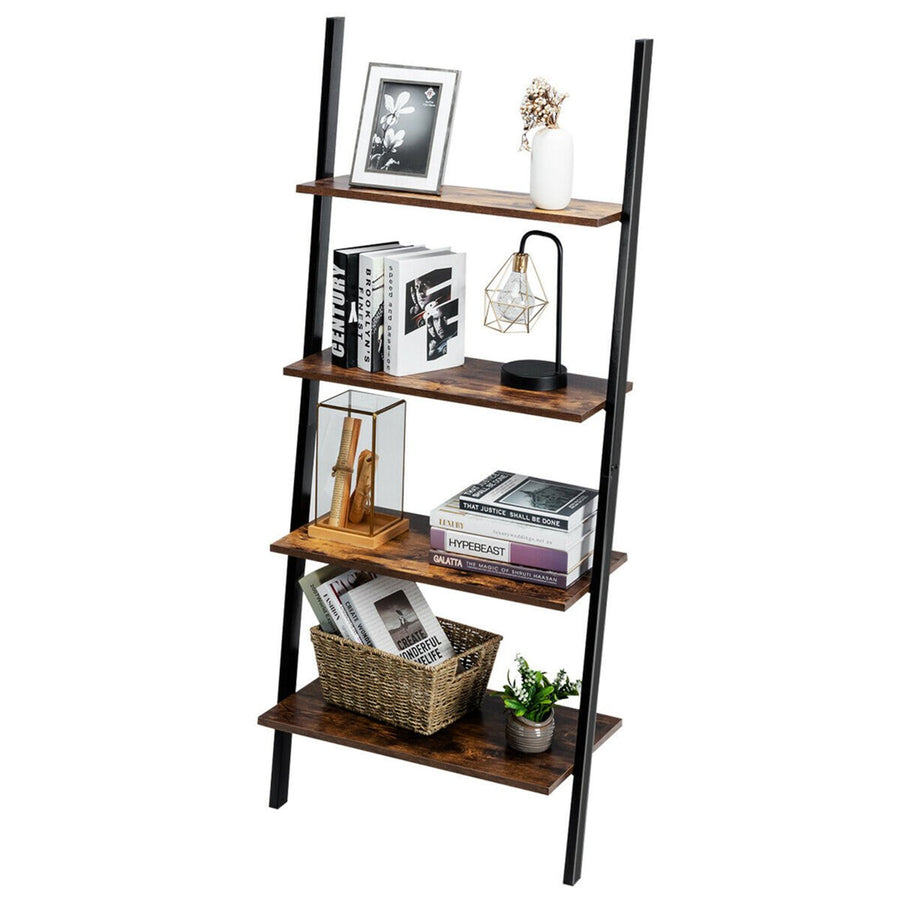 Industrial Ladder Shelf 4-Tier Leaning Wall Bookcase Plant Stand Rustic Brown Image 1