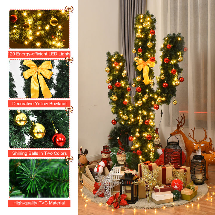 5ft Artificial Pre-Lit Cactus Christmas Tree w/ Metal Stand Ball Ornaments Image 10