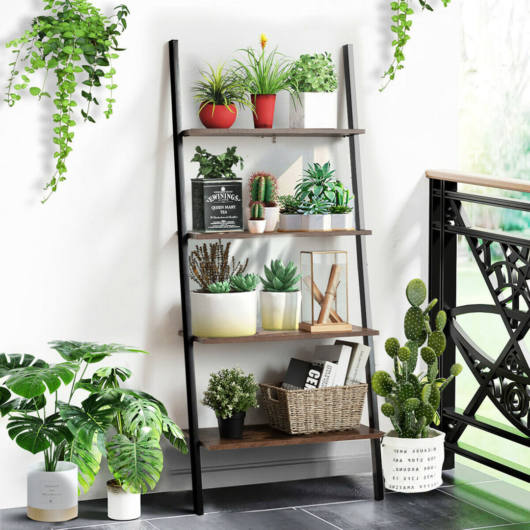 Industrial Ladder Shelf 4-Tier Leaning Wall Bookcase Plant Stand Rustic Brown Image 4