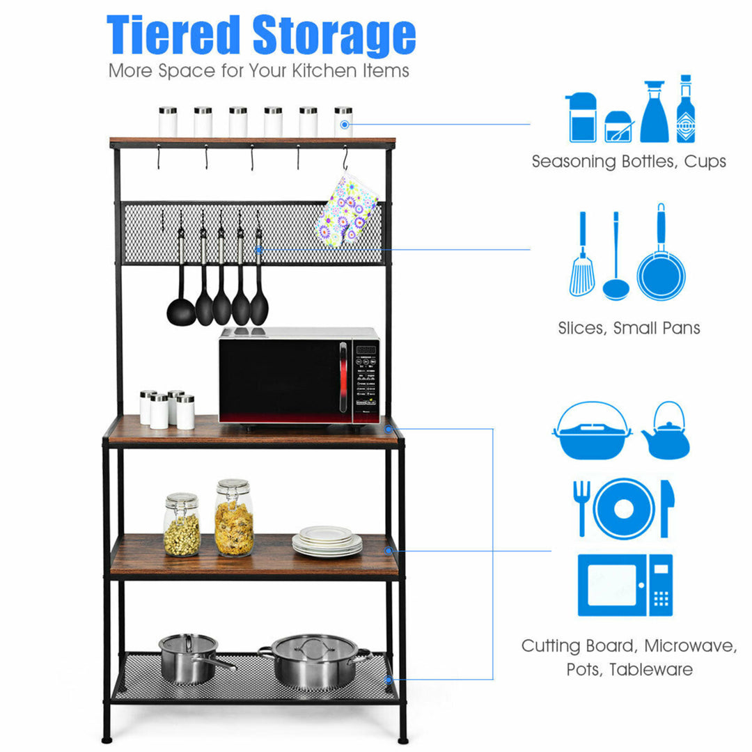 4-Tier Kitchen Bakers Rack Microwave Oven Stand Industrial w/Hooks and Mesh Panel Image 7