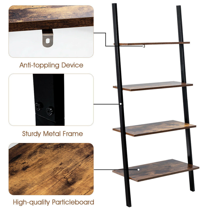 Industrial Ladder Shelf 4-Tier Leaning Wall Bookcase Plant Stand Rustic Brown Image 9