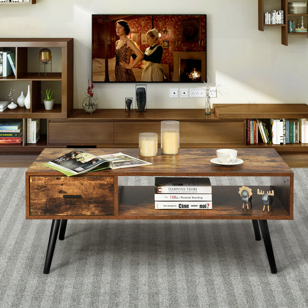 Retro Coffee Table Mid Century Modern Living Room Furniture w/Open Storage Shelf Image 3