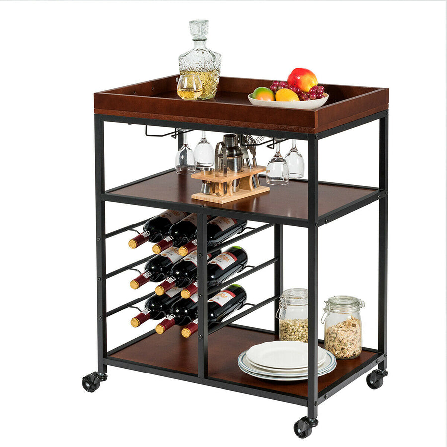 3 Tier Storage Kitchen Trolley Utility Bar Serving Cart w/Wine Rack and Glass Holder Image 1