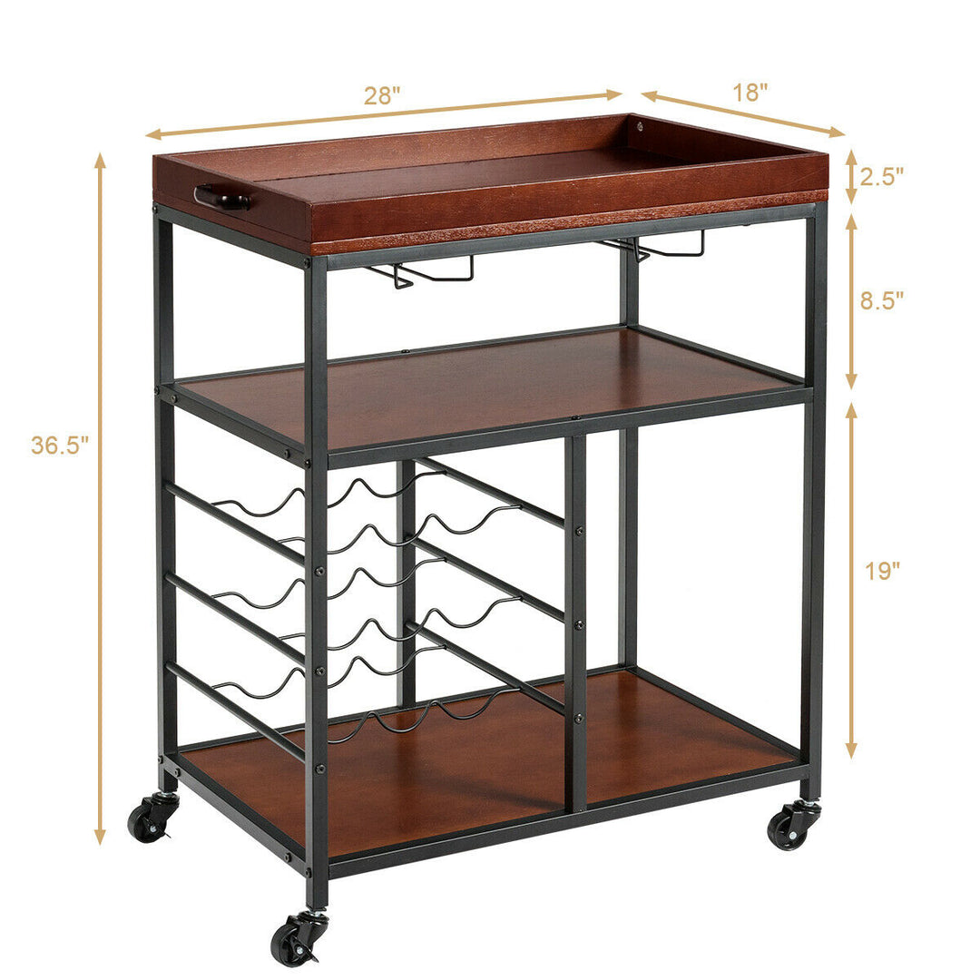 3 Tier Storage Kitchen Trolley Utility Bar Serving Cart w/Wine Rack and Glass Holder Image 2