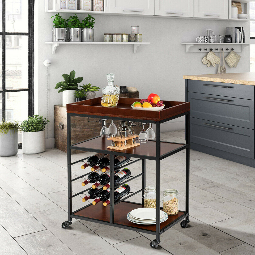 3 Tier Storage Kitchen Trolley Utility Bar Serving Cart w/Wine Rack and Glass Holder Image 3