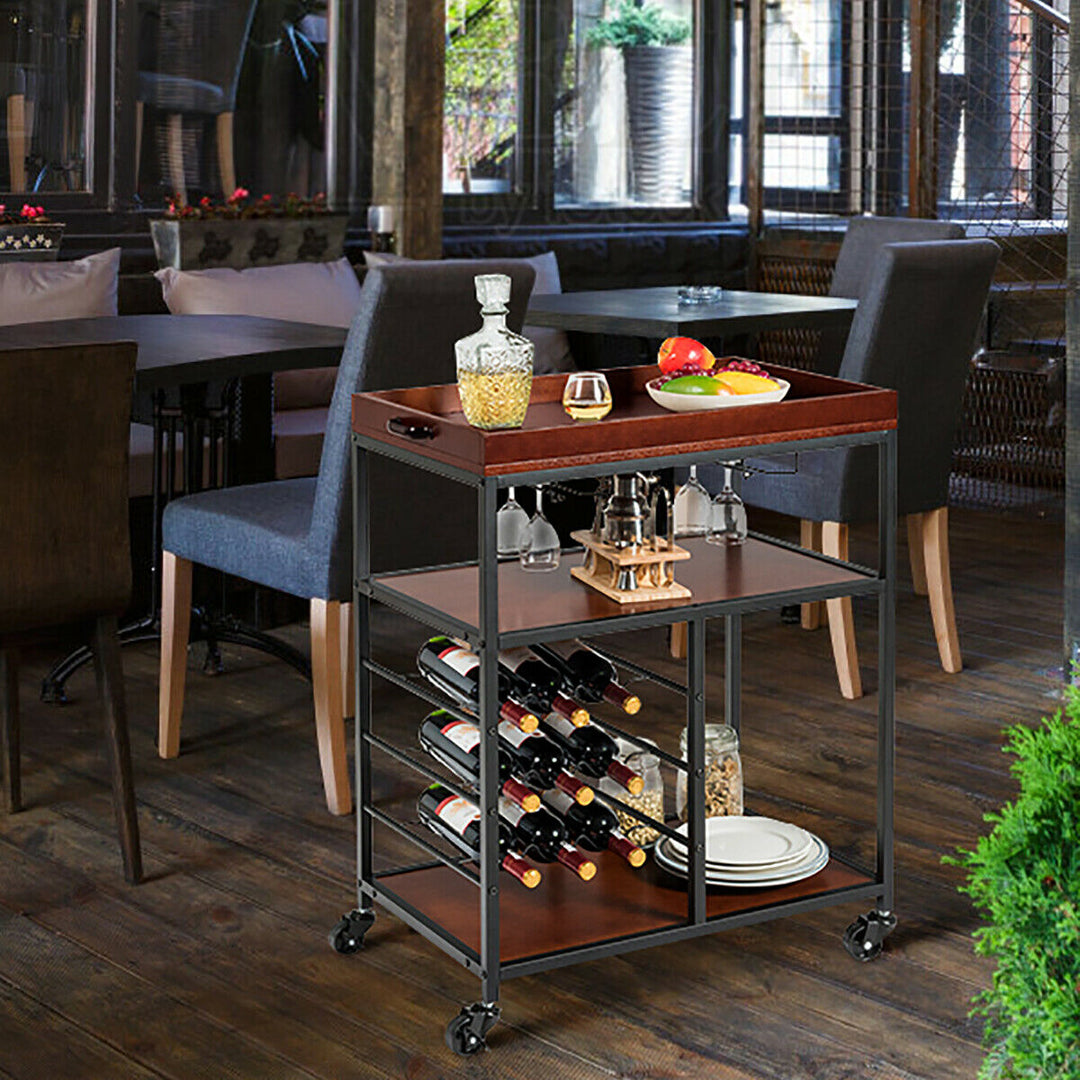 3 Tier Storage Kitchen Trolley Utility Bar Serving Cart w/Wine Rack and Glass Holder Image 4