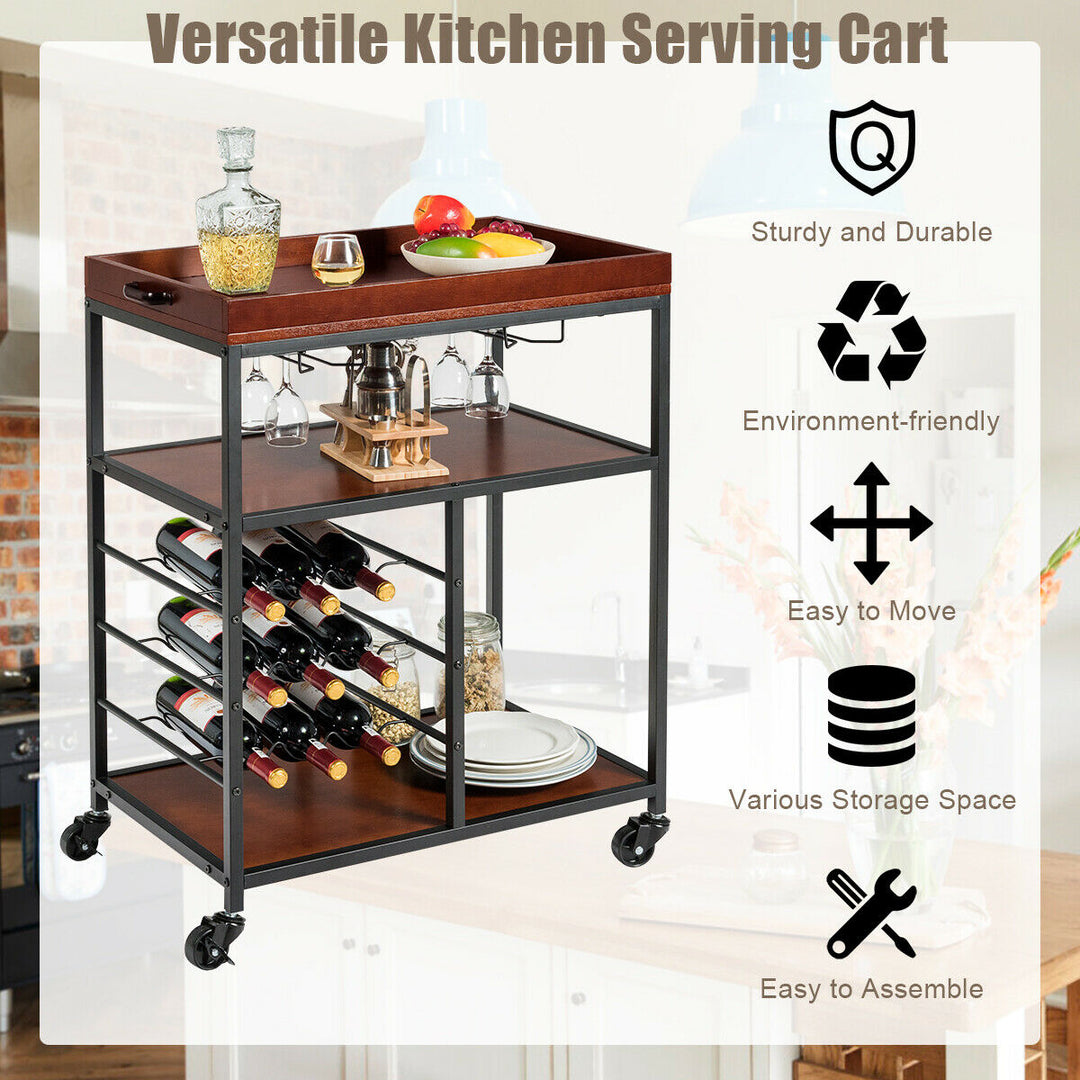 3 Tier Storage Kitchen Trolley Utility Bar Serving Cart w/Wine Rack and Glass Holder Image 5