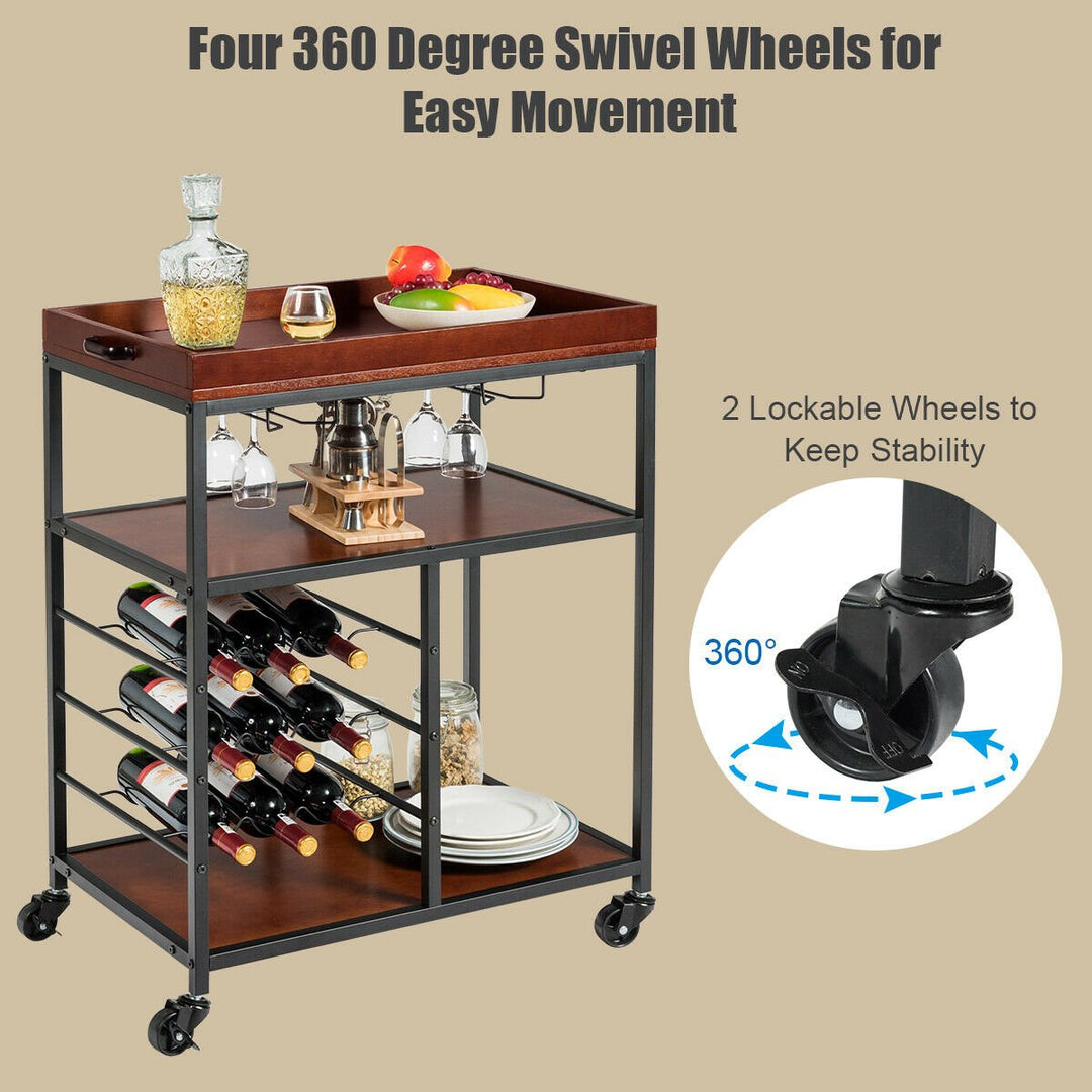 3 Tier Storage Kitchen Trolley Utility Bar Serving Cart w/Wine Rack and Glass Holder Image 6