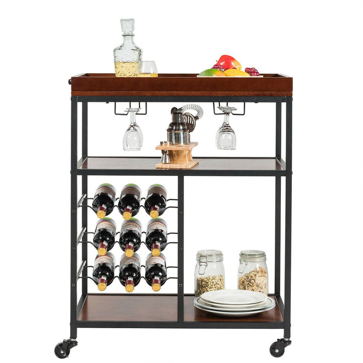 3 Tier Storage Kitchen Trolley Utility Bar Serving Cart w/Wine Rack and Glass Holder Image 8