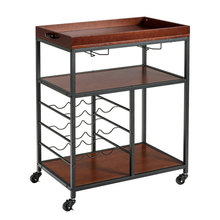 3 Tier Storage Kitchen Trolley Utility Bar Serving Cart w/Wine Rack and Glass Holder Image 9